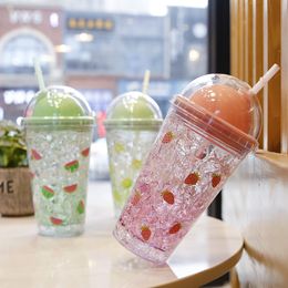 Water Bottles Cute Fruit Double Straw Water Cups Cold Drink Cup Summer Student Drinking Outdoor Ice Plastic Water Bottle Ladies Cup 230428