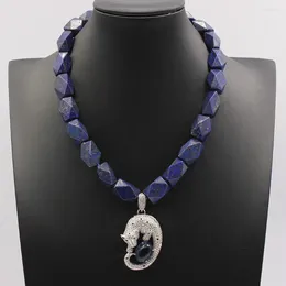 Pendant Necklaces GuaiGuai Jewellery Natural Faceted Blue Lapis Lazuli Nugget Necklace 18'' CZ Paved Animal Handmade For Lady