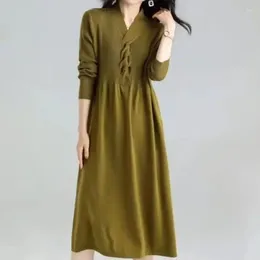 Casual Dresses Commute Solid Color A-Line Long Dress Autumn Winter Sleeve Female Clothing Stylish Folds All-match V-Neck