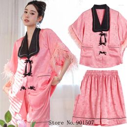 Women's Sleepwear Elegant Jacquard Luxury Feather Sleeve Pyjamas Suit Women Satin Home Clothes Chinese Style Loungewear Nightwear