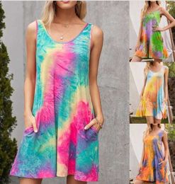 Summer Womens Sleeveless Round Neck Dresses Pocket Tie Dye Print Vest Camisole