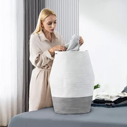Organization Cotton Rope Laundry Hamper Extra Large Woven Collapsible Dirty Clothes Basket For Blankets Toys Tall Round Storage