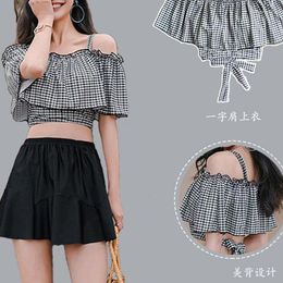 Women's Swimwear 2023 Summer Fashion Checker Off Shoulder Strap With Ruffle Edge High Waist Sexy Back Two Piece Skirt