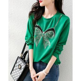 T-Shirt Casual Fashion ONeck Spliced Sequined TShirt Female Clothing 2022 Autumn New Allmatch Pullovers Tops Loose Korean Tee Shirt