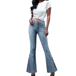 Women's Jeans Mid Waist Stretch Flare Women Denim Pants Wide Leg Butt-lifted Casual Korean Style Skinny Bell Bottom Pocket Trousers