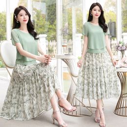 Two Piece Dress Fashion Dress Suit Female Summer Korean High Waist Floral Print Pleated Dresses Chiffon Skirts Sets 2 Piece Suit Womens Outifits 230428