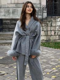 Women's Leather Grey Faux Feather Wool Blends Jacket Coat Belt Double Sided Turn Down Collar Cashmere Female 2023 Autumn Winter Outwear