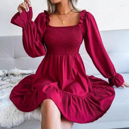 Casual Dresses Spring/summer Women's Ruffled Swing Dress Elegant Fashion Square Neck Trumpet Sleeve Draped Cotton Elastic Boutique