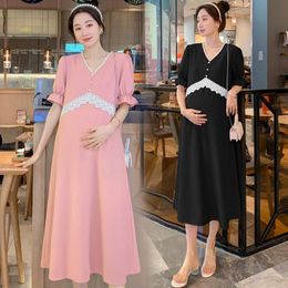 Maternity Dresses 77588# Dress Summer Cotton V Neck Short Sleeves Loose Midi Plus Size Pregnancy Pregnant Women Mom