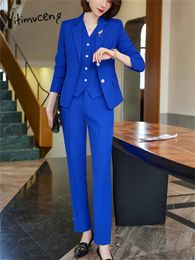 Women's Two Piece Pants Yitimuceng Fashion Office Ladies Pant Suits 3 Set for Women Fall Winter 2203 Long Sleeve Jacket and Blazer Vest Trousers 231128