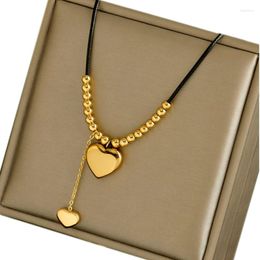 Pendant Necklaces Golden Love Transit Bead Necklace Black Leather Woven Stainless Steel Ladies Neck Jewellery Gargantilla Mujer