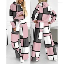 Women's Two Piece Pants Geometric Print Colorblok Hoodie Wide Leg Pant Set Elegant Autumn Winter Women Tracksuit Y2K Chic Outfits Streetwear