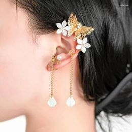 Backs Earrings Women Butterfly Hollow Out Elf Ear Hook Chain Tassel Fairy Earhook Rhinestone Imitation Pearl Retro Wedding Jewelry