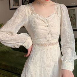 Casual Dresses Spring Apricot Long Sleeve Dress Women Elegant Embroidery Lace Hollow Out Square Collar Maxi Korean Party Vestidos E262