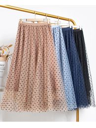 Skirts 3 Layers Tulle Midi Skirts Womens Summer Elastic High Waist Mesh Tutu Pleated Skirts Female Polka Dot Long Skirt Streetwear 230428