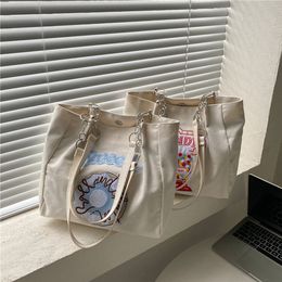 Evening Bags Women Canvas Shoulder Bag for Students Teens Girls Ladies Casual Handbag Pink Embroidery Tote Large Capacity Shopping Beach Bag 230428
