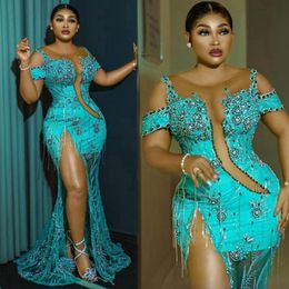 Hunter Green Aso Ebi Prom Dresses Plus Size Lace Mermaid Evening Gowns Beading Birthday Party Second Reception Dresses African Engagement Robe De Soiree ST212