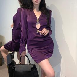 Casual Dresses Vintage V-neck Sexy Hollow Slim Long-sleeved Dress Women 2023 Spring Office Lady Purple Satin Mini