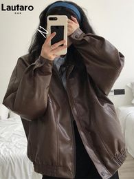 Jackets Lautaro Spring Autumn Oversized Retro Black Brown Leather Jacket Women Zipper Long Sleeve Loose Casual Cool Korean Clothes 2022