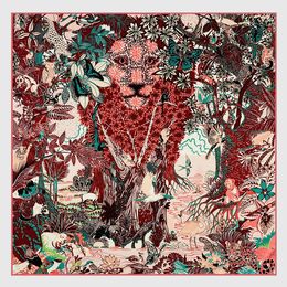 Sarongs 90cm Jungle Lion 100 Twill Quadratischer Seidenschal Frauen Schal Marke Hijab Design Bandana Handgerollter Saum Foulard Kopftücher 230427