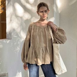 Women's Blouses Shirts Linen Retro Women Long Sleeve T-Shirt Spring Autumn New Ladies Blouse Casual Loose Lantern Sleeve Cotton And Linen Shirts P230427