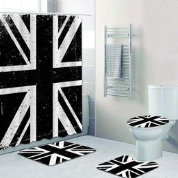 Curtains Vintage Black White Union Jack Bathroom Shower Curtain Flag of United Kingdom UK Flag Bathroom Mat Toilet Lid Bathtub Decor Gift