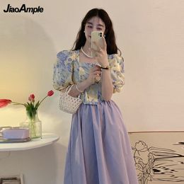 Two Piece Dress Women's Sweet Romantic Purple Two Piece Dress Set Summer Korean Lady Graceful Puff Sleeve Square Collar Tops Skirts Outfits 230428