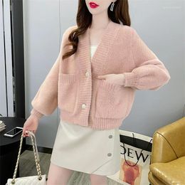 Women's Knits Autumn Winter Thick Mink Fleece Short Knitting Sweater Cardigan Women Pink White V-Neck Long Sleeve Knitted Jacket Coat Female