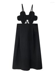 Casual Dresses Irregular Vintage Classics Black Women Suspender One-piece 2023 Solid Colour Sexy Girls Dress A-line Bow Backless Design