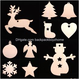 Christmas Decorations 10 Pcs/Lot Tree Ornaments Wood Chip Snowman Deer Socks Hanging Pendant Decoration Xmas Gift Crafts Dhs Drop De Dhjyz