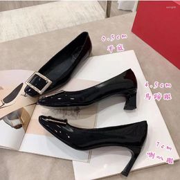 Dress Shoes High Heel Women's 2023 Square Head Metal Buckle Lacquer Leather Single Medium Professional Work