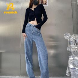 Women's Jeans ROENICK Women Extra Length Plaid Female High Waist Straight Wide Leg Pants Street Denim Trousers Y2k Mom Baggy
