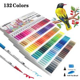 12pcsWatercolor Dual Pens 132 Colours Marker Brush Fine Tip Markers for Kids Adult Colouring Book Art Supplies P230427