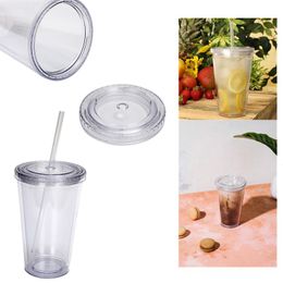 Water Bottles 16oz Double Layer Simple Transparent Goddess Cup Plastic Water Cup Portable Double Layer Straw Cup Summer Cold Water Cup Tumbler 230428