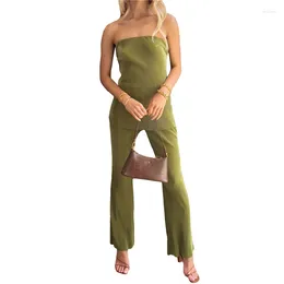 Women's Two Piece Pants 2 Outfit Set Women 2000s Solid Colour Off Shoulder Strapless Crop Top And Wide Leg Y2k Aesthetic Clothes Streetwear