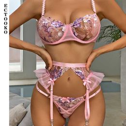 Sexy Set ECTOOKO 2022 Female Lingerie Stockings Ruffles Transparent Bra And Thong 3-Pieces Intimate Hard Woman Pink Fancy Underwear Set P230428