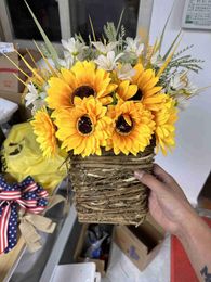 Decorative Flowers Spring Light Yellow Sunflower Flower Basket Wreath Door Hanging Home Decoration And Summer Candle Ring