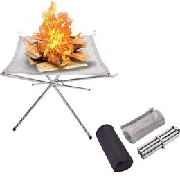 Camp Kitchen Stainless Steel Outdoor Camping Campfire Fire Rack Foldable Mesh Pit Wood Stove Frame Garden Backyard BBQ Bonfire 231128