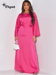 Casual Dresses Elegant Satin Solid Maxi Dress For Women Fashion O-neck Long Sleeve Lace-up Robes 2023 Ladies Chic Party Club Vestidos
