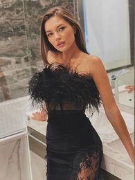 Casual Dresses Women's Strapless Chest Chic Feather Design Waist Mesh Cutout Bodycon Bandage Dress Sexy Sides Lace Black Elegant Party