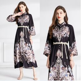 Woman Black Casual Party Floral Maxi Dress Designer Robe Long Sleeve Stand Collar Lace Up Vacation Elegant Fitted Dresses 2023 Spring Fall High Waist Runway Frocks