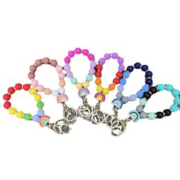 Artifical plastic beads crystal bangle keychain colorful rainbow beads wristlet bracelet keyrings