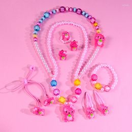 Necklace Earrings Set 10pcs/pack Cute Cartoon Girl Jewellery Pink Pearl Animal Pendant Collar Children Hairbands Bracelet Ring