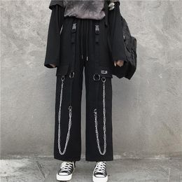 Pants Black Cargo Pants Men Streetwear Cotton Hip hop Wide Pants With Chain Baggy Vintage Punk Harem Trousers Elastic waist Emo Pants