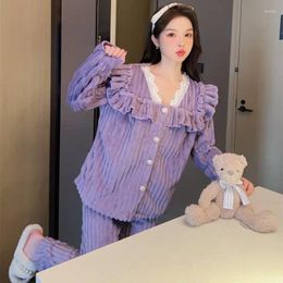 Women's Sleepwear Lace Women Pajamas Set Winter Fleece 2 Piece Solid Pant Home Suit Coat Korean Piiama Thick Warm Ruffle Night Wear 2023