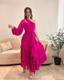 Elegant Long One Shoulder Chiffon Evening Dresses Full Sleeves with Slit A Line Tiered Ankle Length Party Gowns for Women