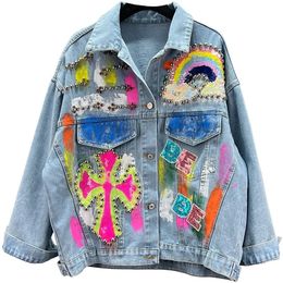 Women's Jackets Fashionable Spring Female Blue Denim Jacket Personality Hand-painted Graffiti Rivets Casual European Sequins Long Sleeves 230428