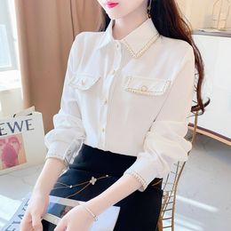 Women's Blouses Shirts White Chiffon Blouse Women Spring Korean Small Fragrance Lapel Tops All-Match Solid Colour White Shirt Female Autumn 230428