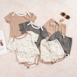 Rompers Summer Baby Kids Romper Sets Short Sleeve Flower Printed Bodysuit and Pants 2pcs Boys Girls Clothing 230427