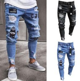 Men039s Pants Men Stretchy Ripped Skinny Biker Embroidery Print Jeans Destroyed Hole Taped Slim Fit Denim Scratched High Qualit9445161